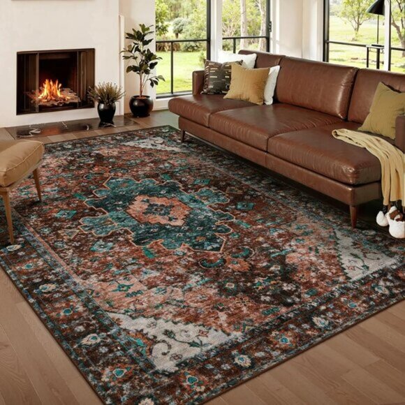 New 5x7 Area Rug, Washable, Non-Slip Vintage Carpet for Living Room & Bedroom